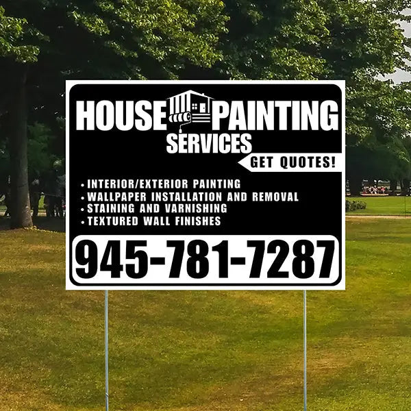 Painters Sign - Interior/Exterior Painting, Wallpaper Installation and Removal, Staining and Varnishing, Textured Wall Finishes with Get Quotes - Plain Black White Design YardSigns.com