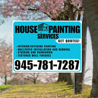 Painters Sign - Interior/Exterior Painting, Wallpaper Installation and Removal, Staining and Varnishing, Textured Wall Finishes with Get Quotes - Plain Aqua Blue White Design YardSigns.com
