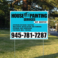 Painters Sign - Interior/Exterior Painting, Wallpaper Installation and Removal, Staining and Varnishing, Textured Wall Finishes with Get Quotes - Plain Aqua Blue White Design YardSigns.com