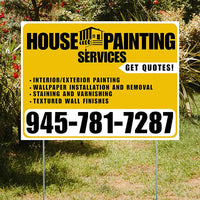 Painters Sign - Interior/Exterior Painting, Wallpaper Installation and Removal, Staining and Varnishing, Textured Wall Finishes with Get Quotes - Plain Mustard Gold White Design YardSigns.com