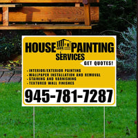Painters Sign - Interior/Exterior Painting, Wallpaper Installation and Removal, Staining and Varnishing, Textured Wall Finishes with Get Quotes - Plain Mustard Gold White Design YardSigns.com