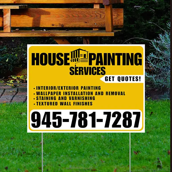 Painters Sign - Interior/Exterior Painting, Wallpaper Installation and Removal, Staining and Varnishing, Textured Wall Finishes with Get Quotes - Plain Mustard Gold White Design YardSigns.com