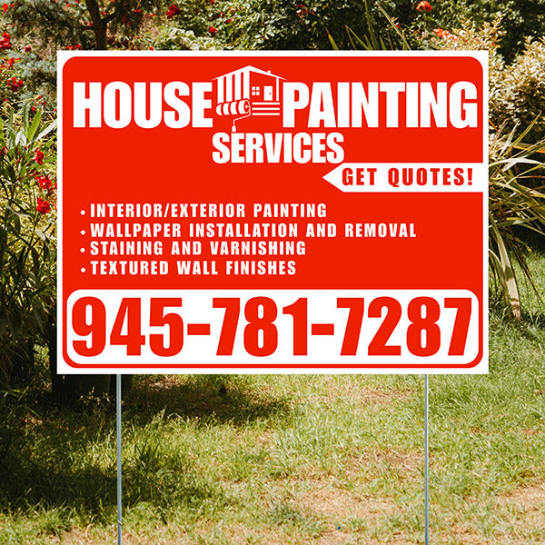 Painters Sign - Interior/Exterior Painting, Wallpaper Installation and Removal, Staining and Varnishing, Textured Wall Finishes with Get Quotes - Plain White Chili Red Design - YardSigns.com