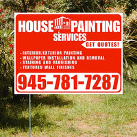 Painters Sign - Interior/Exterior Painting, Wallpaper Installation and Removal, Staining and Varnishing, Textured Wall Finishes with Get Quotes - Plain Chili Red White Design YardSigns.com