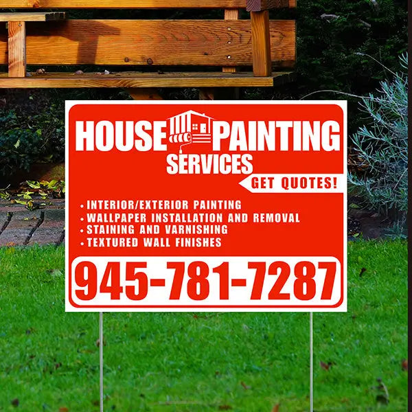 Painters Sign - Interior/Exterior Painting, Wallpaper Installation and Removal, Staining and Varnishing, Textured Wall Finishes with Get Quotes - Plain Chili Red White Design YardSigns.com