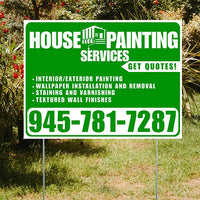 Painters Sign - Interior/Exterior Painting, Wallpaper Installation and Removal, Staining and Varnishing, Textured Wall Finishes with Get Quotes - Plain Green White Design YardSigns.com