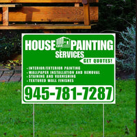Painters Sign - Interior/Exterior Painting, Wallpaper Installation and Removal, Staining and Varnishing, Textured Wall Finishes with Get Quotes - Plain Green White Design YardSigns.com