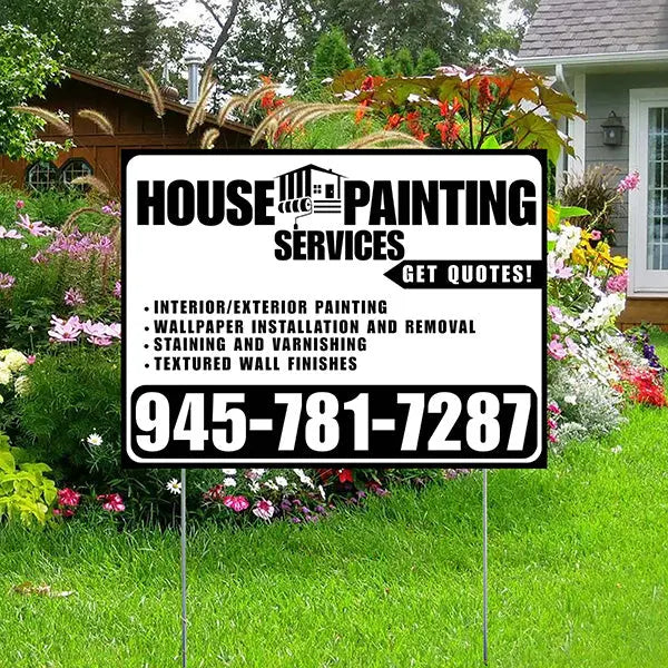 Painters Sign - Interior/Exterior Painting, Wallpaper Installation and Removal, Staining and Varnishing, Textured Wall Finishes with Get Quotes - Plain White Black Design YardSigns.com
