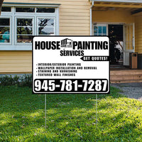Painters Sign - Interior/Exterior Painting, Wallpaper Installation and Removal, Staining and Varnishing, Textured Wall Finishes with Get Quotes - Plain White Black Design YardSigns.com