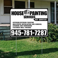 Painters Sign - Interior/Exterior Painting, Wallpaper Installation and Removal, Staining and Varnishing, Textured Wall Finishes with Get Quotes - Plain White Black Design YardSigns.com