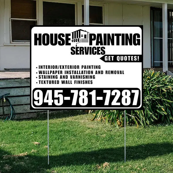 Painters Sign - Interior/Exterior Painting, Wallpaper Installation and Removal, Staining and Varnishing, Textured Wall Finishes with Get Quotes - Plain White Black Design YardSigns.com