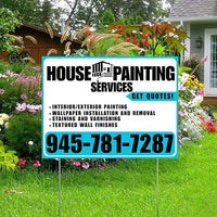 Painters Sign - Interior/Exterior Painting, Wallpaper Installation and Removal, Staining and Varnishing, Textured Wall Finishes with Get Quotes - Plain White Aqua Blue Design YardSigns.com