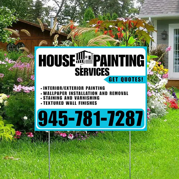 Painters Sign - Interior/Exterior Painting, Wallpaper Installation and Removal, Staining and Varnishing, Textured Wall Finishes with Get Quotes - Plain White Aqua Blue Design YardSigns.com