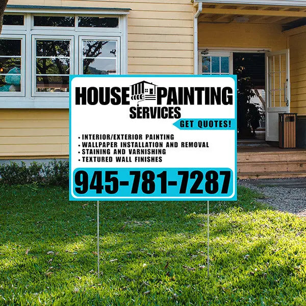 Painters Sign - Interior/Exterior Painting, Wallpaper Installation and Removal, Staining and Varnishing, Textured Wall Finishes with Get Quotes - Plain White Aqua Blue Design YardSigns.com