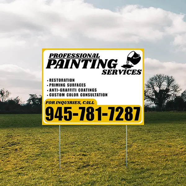 Painters Sign - Restoration, Priming surfaces, Anti-Graffiti Coatings, Custom Color Consultation - Plain White Mustard Gold Design YardSigns.com