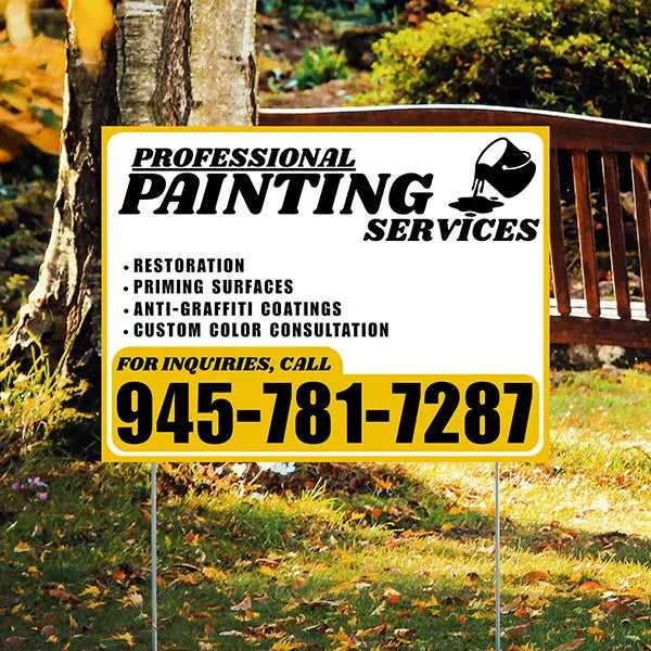 Painters Sign - Restoration, Priming surfaces, Anti-Graffiti Coatings, Custom Color Consultation - Plain White Mustard Gold Design YardSigns.com