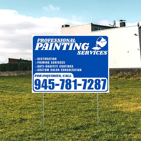 Painters Sign - Restoration, Priming surfaces, Anti-Graffiti Coatings, Custom Color Consultation - Plain Blue White Design YardSigns.com