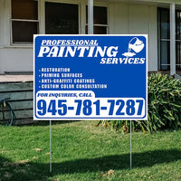 Painters Sign - Restoration, Priming surfaces, Anti-Graffiti Coatings, Custom Color Consultation - Plain Blue White Design YardSigns.com