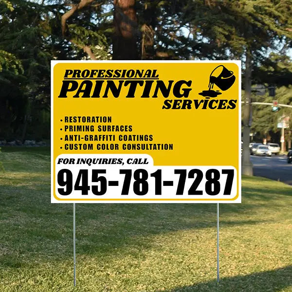 Painters Sign - Restoration, Priming surfaces, Anti-Graffiti Coatings, Custom Color Consultation - Plain Mustard Gold White Design YardSigns.com