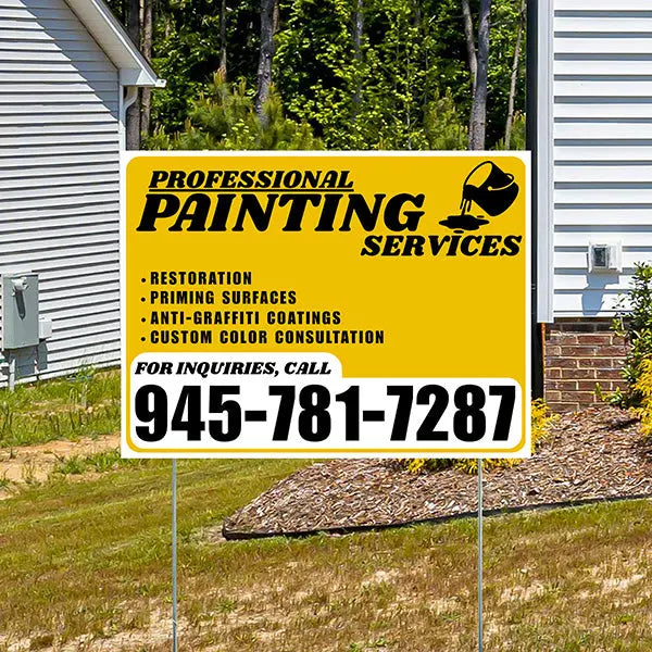 Painters Sign - Restoration, Priming surfaces, Anti-Graffiti Coatings, Custom Color Consultation - Plain Mustard Gold White Design YardSigns.com