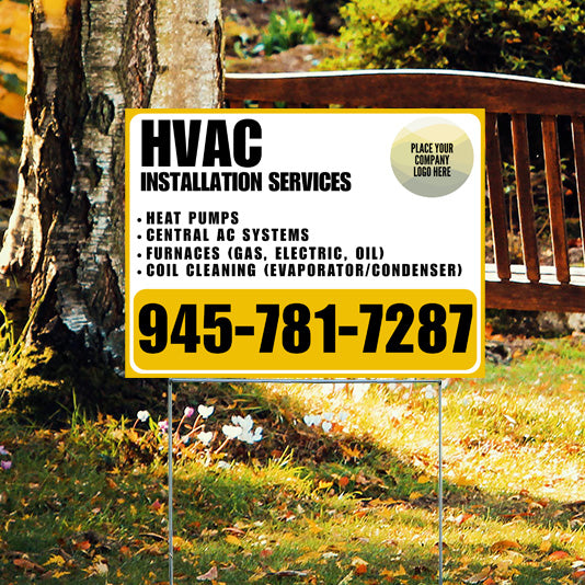 Outdoor sign for HVAC installation services listing heat pumps, central AC systems, furnaces, and coil cleaning with contact number 945-781-7287, set in a garden with trees and a bench.