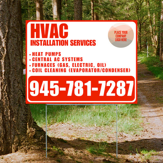 HVAC installation services sign in wooded area offering heat pumps, central AC systems, furnaces, coil cleaning, with contact number 945-781-7287.