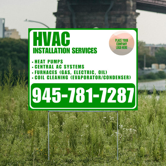 HVAC installation services sign with heat pumps, central AC systems, furnaces, and coil cleaning information, featuring contact number 945-781-7287, standing on grass with blurred cityscape background.