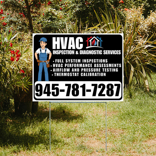 HVAC inspection and diagnostic services yard sign with contact number 945-781-7287 for full system inspections, performance assessments, airflow and pressure testing, and thermostat calibration, set in a garden with greenery.