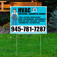 HVAC inspection and diagnostic services yard sign featuring a cartoon technician, contact number 945-781-7287, full system inspections, performance assessments, airflow and pressure testing, thermostat calibration, displayed on grass.