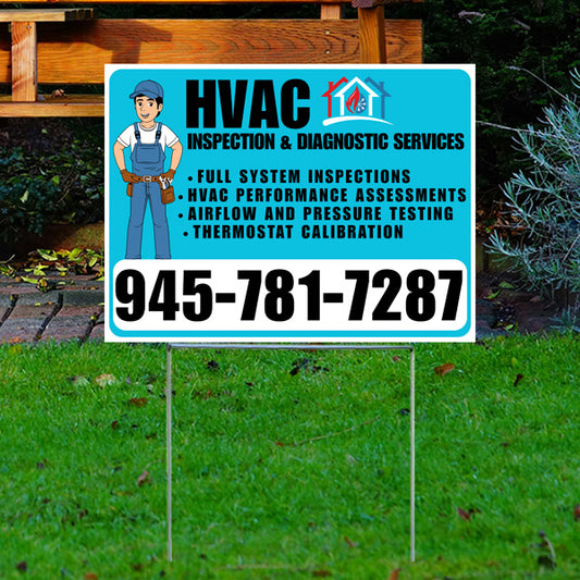 HVAC inspection and diagnostic services yard sign featuring a cartoon technician, contact number 945-781-7287, full system inspections, performance assessments, airflow and pressure testing, thermostat calibration, displayed on grass.