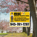 HVAC inspection and diagnostic services sign with contact number, offering full system inspections, performance assessments, airflow and pressure testing, and thermostat calibration, set against a background of blooming cherry blossom trees.