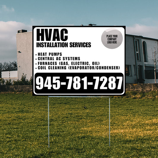 HVAC installation services yard sign with phone number 945-781-7287, offering heat pumps, central AC systems, furnaces, and coil cleaning, displayed in a residential area.