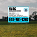 HVAC installation services yard sign in field, listing heat pumps, central AC systems, furnaces, coil cleaning, with phone number 945-781-7287.