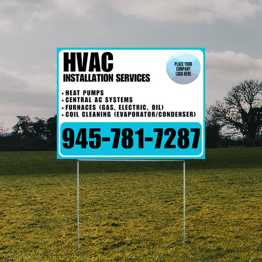 HVAC installation services yard sign in field, listing heat pumps, central AC systems, furnaces, coil cleaning, with phone number 945-781-7287.