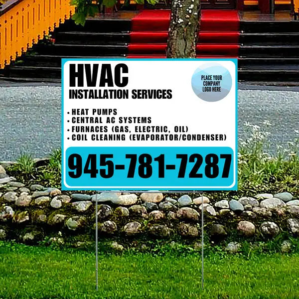 HVAC - Heat Pumps, Central AC Systems Furnaces (Gas, Electric, Oil), Coil Cleaning (Evaporator/Condenser) with Logo - Plain White Aqua Blue YardSigns.com
