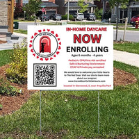 Outdoor lawn sign promoting in-home daycare enrollment for ages 6 months to 4 years, includes the daycare's logo, contact information, QR code, and location details in Glenwood, IL near Arquilla Park.