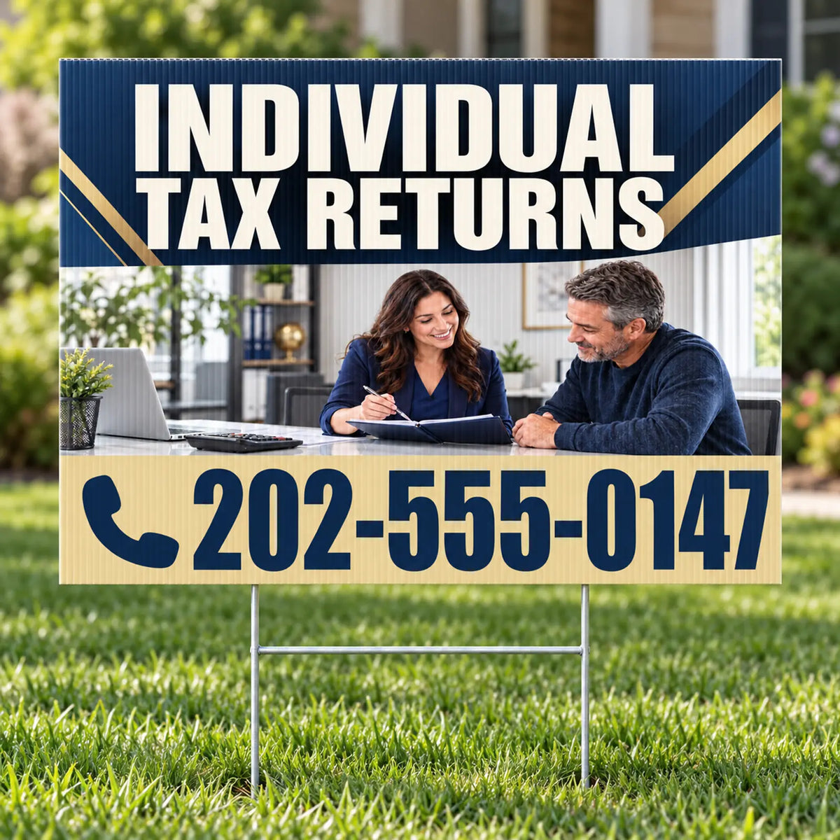 Tax Preparation Services - Individual Tax Returns Yard Sign - Navy & Gold - 24 x 18 YardSigns.com