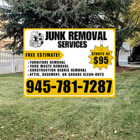 Advertisement for junk removal services with contact information on a grassy lawn.