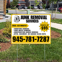 Advertisement for junk removal services with contact information on a grassy lawn.