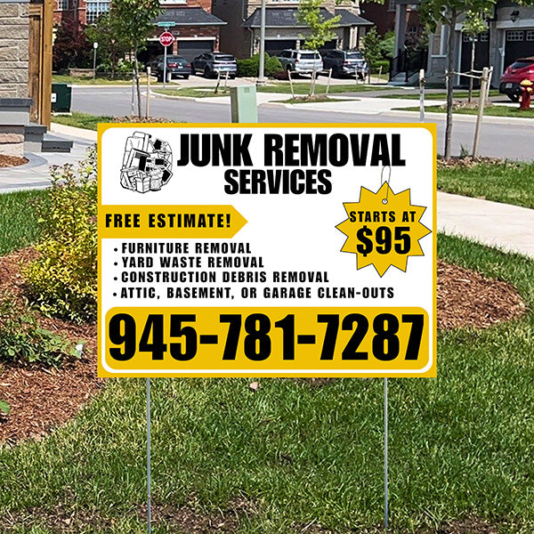 Advertisement for junk removal services with contact information on a grassy lawn.