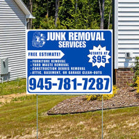 Junk Removal Services - Furniture Removal, Yard Waste Removal, Attic, Basement, or Garage Clean-Outs with Price Tag - Plain White Blue Design YardSigns.com