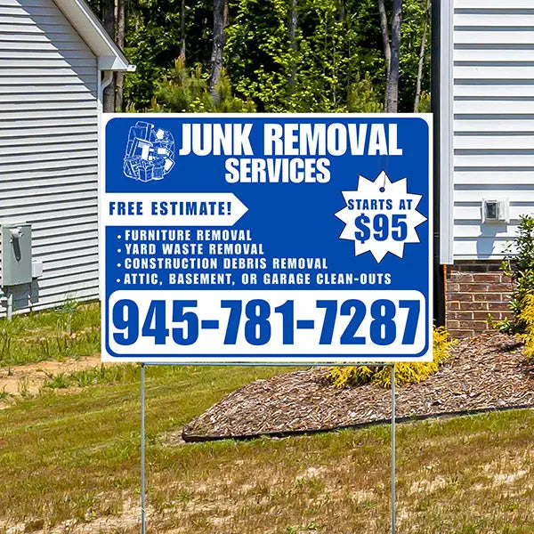 Junk Removal Services - Furniture Removal, Yard Waste Removal, Attic, Basement, or Garage Clean-Outs with Price Tag - Plain White Blue Design YardSigns.com