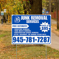 Junk Removal Services - Furniture Removal, Yard Waste Removal, Attic, Basement, or Garage Clean-Outs with Price Tag - Plain White Blue Design YardSigns.com