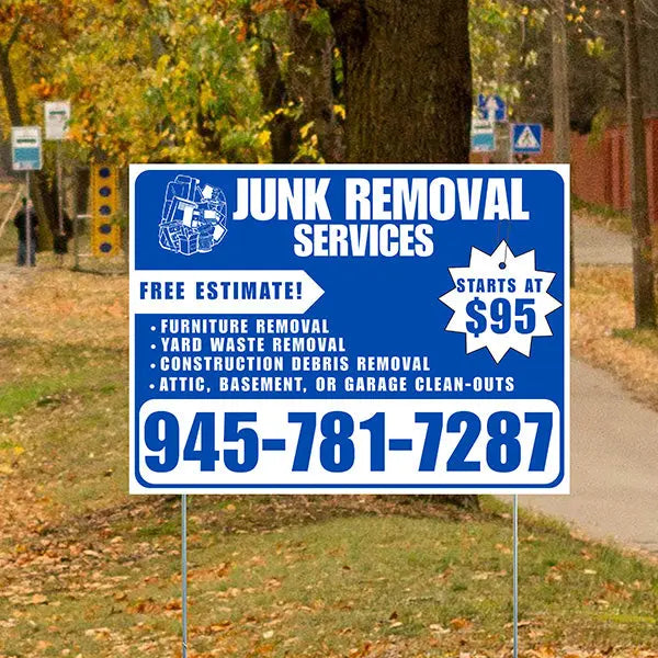 Junk Removal Services - Furniture Removal, Yard Waste Removal, Attic, Basement, or Garage Clean-Outs with Price Tag - Plain White Blue Design YardSigns.com