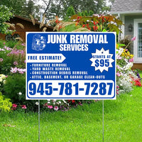 Junk Removal Services - Furniture Removal, Yard Waste Removal, Attic, Basement, or Garage Clean-Outs with Price Tag - Plain White Blue Design YardSigns.com