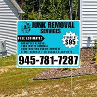 Junk Removal Services - Furniture Removal, Yard Waste Removal, Attic, Basement, or Garage Clean-Outs with Price Tag - Plain White Aqua Blue Design YardSigns.com