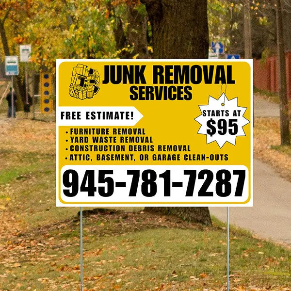 Junk Removal Services - Furniture Removal, Yard Waste Removal, Attic, Basement, or Garage Clean-Outs with Price Tag - Plain White Mustard Gold Design YardSigns.com
