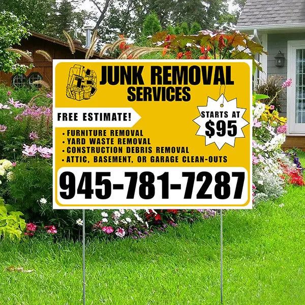 Junk Removal Services - Furniture Removal, Yard Waste Removal, Attic, Basement, or Garage Clean-Outs with Price Tag - Plain White Mustard Gold Design YardSigns.com