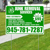 Junk Removal Services - Furniture Removal, Yard Waste Removal, Attic, Basement, or Garage Clean-Outs with Price Tag - Plain White Green Design YardSigns.com