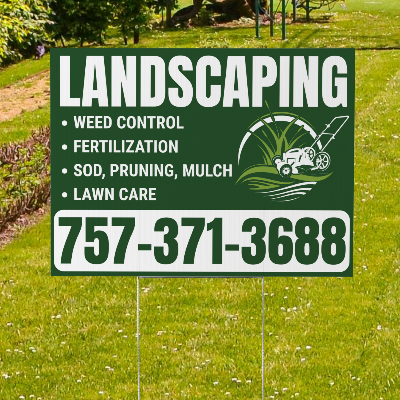 Landscaping service sign on a grassy lawn with trees and garden elements.
